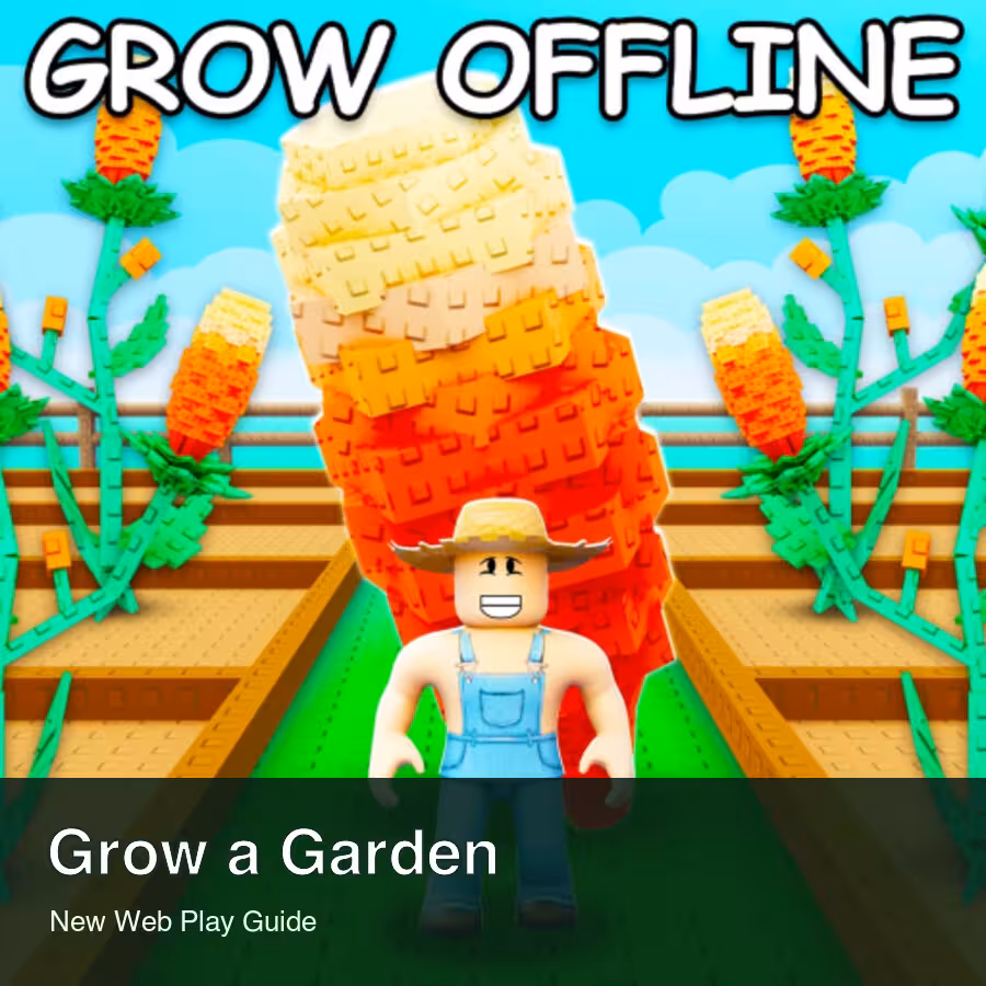 Grow a Garden Roblox garden thumbnail with New Web Play guide label